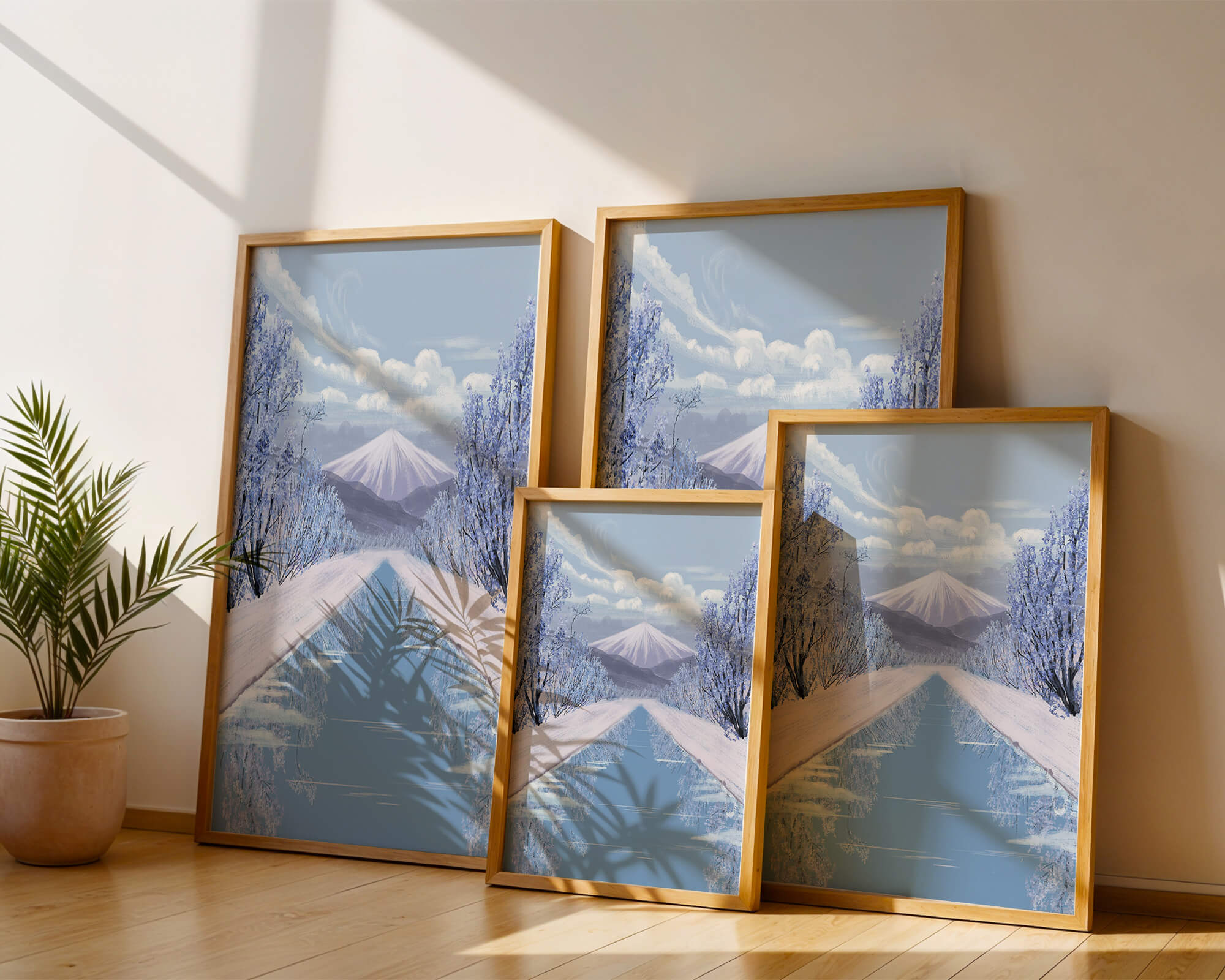 Serene winter landscape with mountain and snowy trees reflecting in water