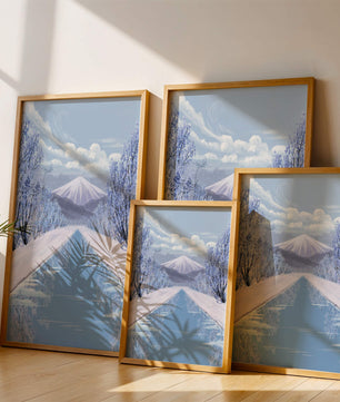 Serene winter landscape with mountain and snowy trees reflecting in water
