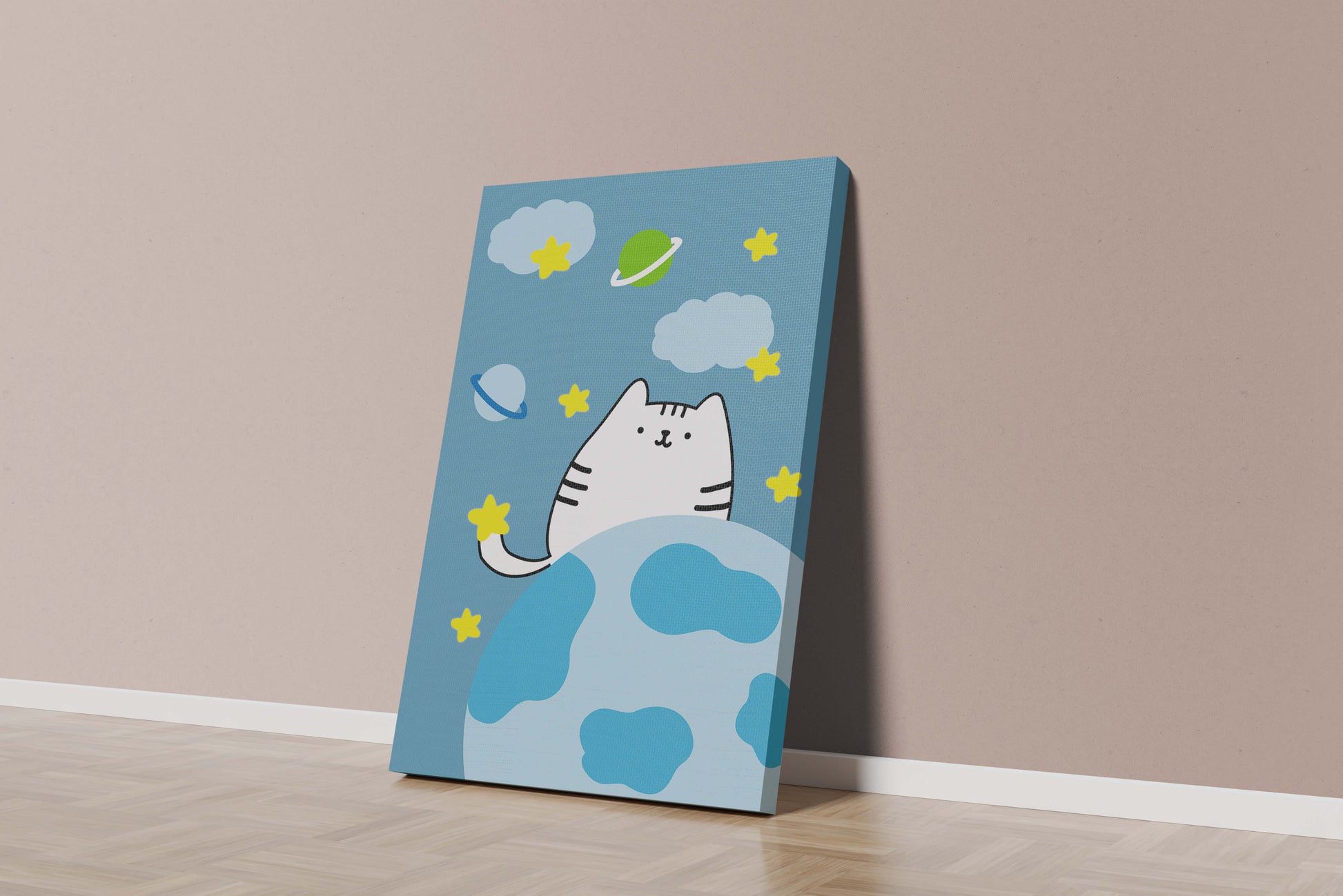 Ilustración encantadora de un gatito en una escena espacial caprichosa con nubes y estrellas