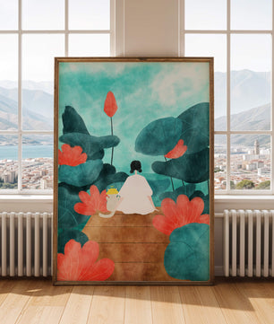 Serene scene with a person and cat among large leaves and flowers