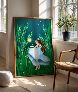 Enchanting fairy in magical wheat field at night