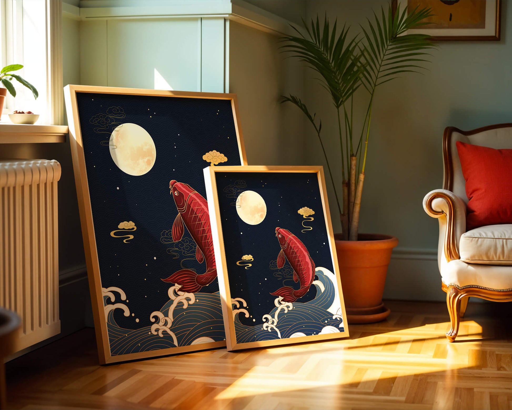 Artistic illustration of koi fish jumping over waves under moonlight