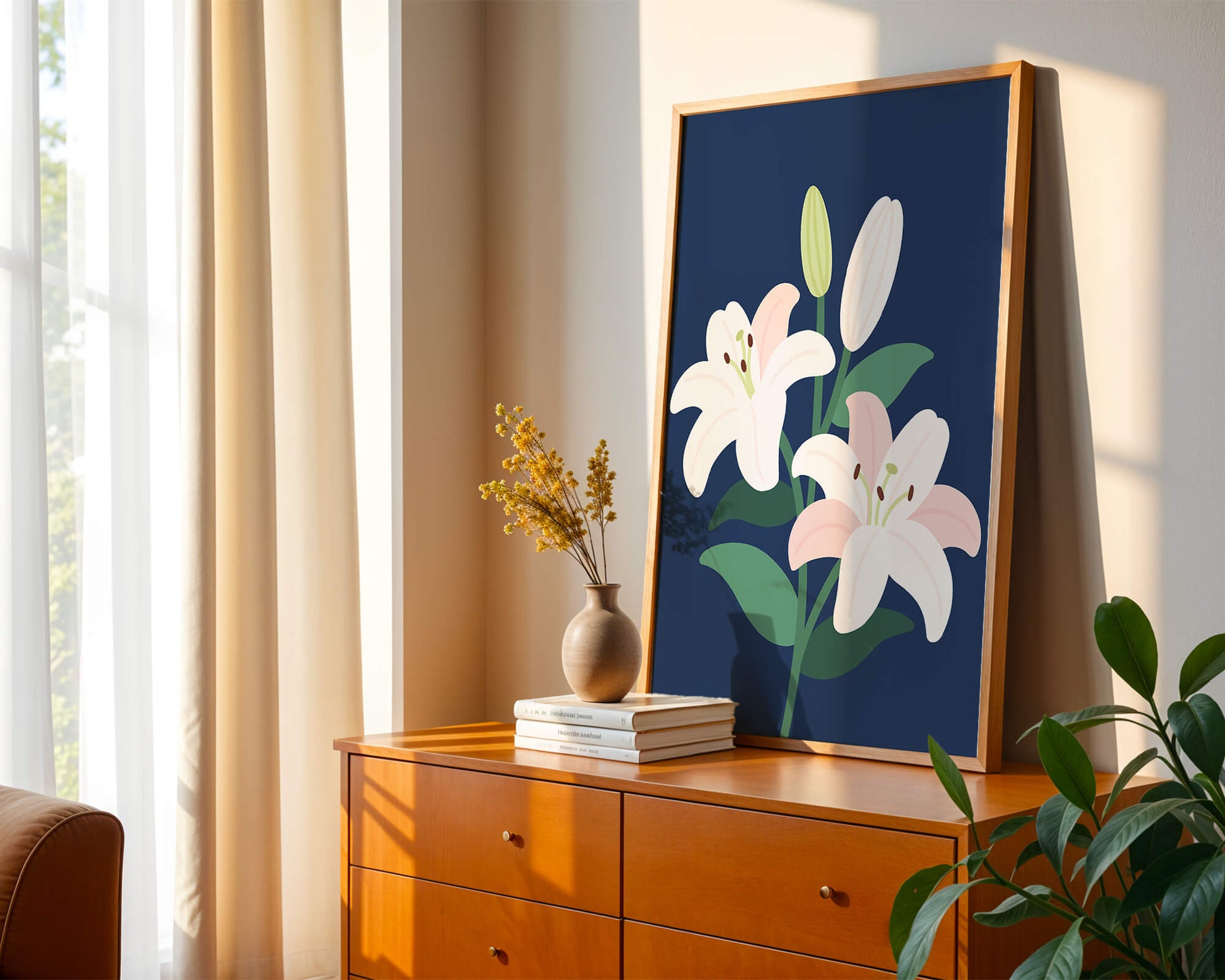 Lirios elegantes sobre un fondo azul oscuro