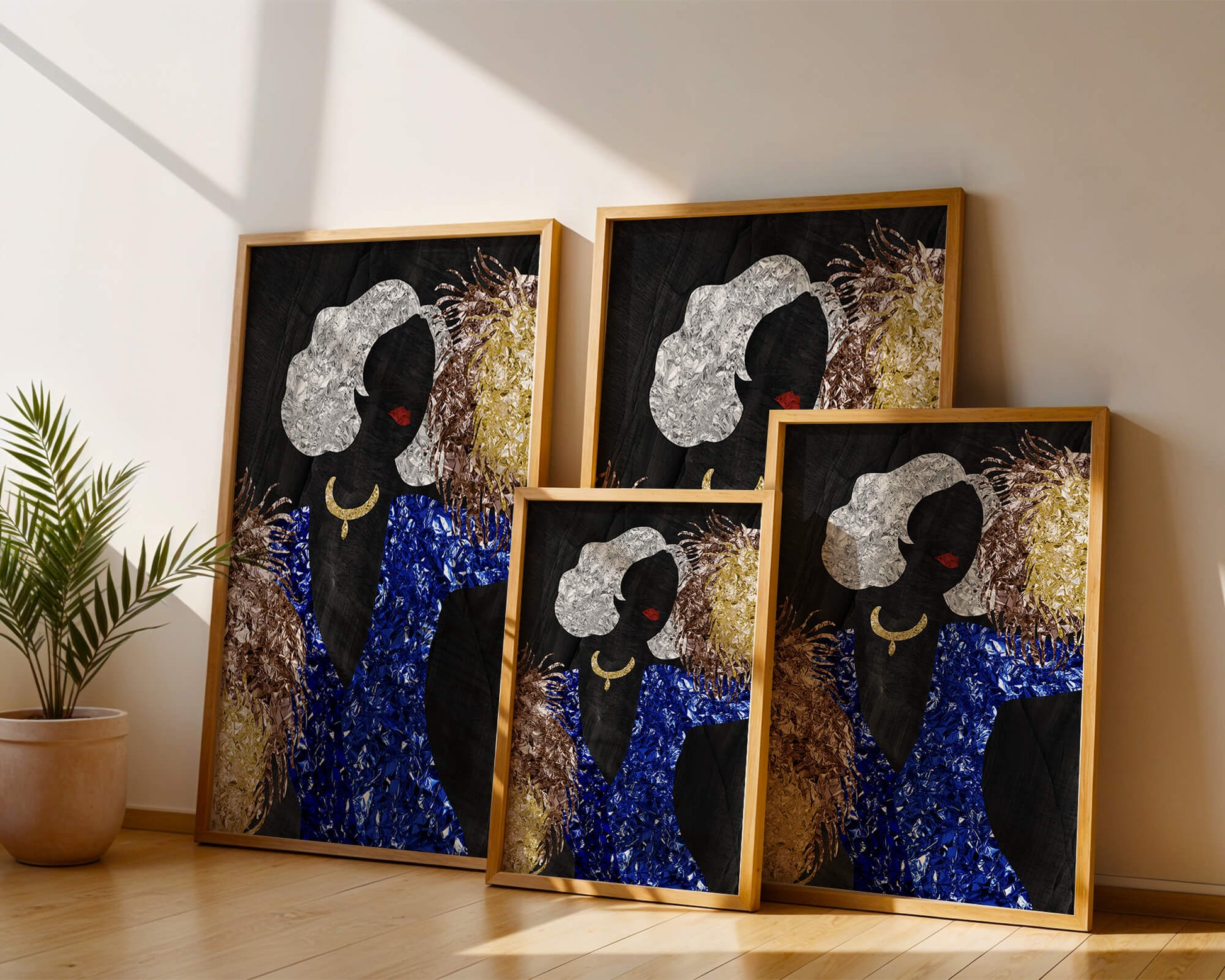 Abstract art with colorful foil textures and silhouette
