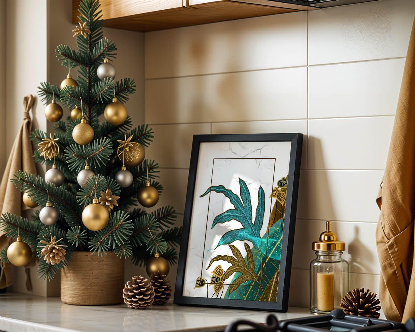 Abstract botanical art with blue and gold leafy designs