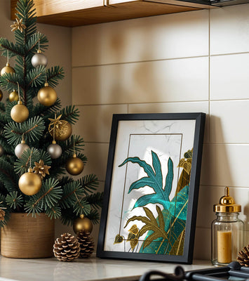 Abstract botanical art with blue and gold leafy designs