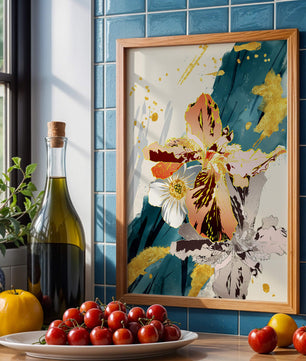 Obra de arte floral abstracta elegante con detalles dorados
