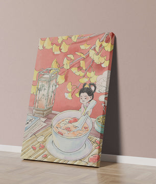 Charmante illustration d’un enfant avec un bol sous des feuilles d’automne