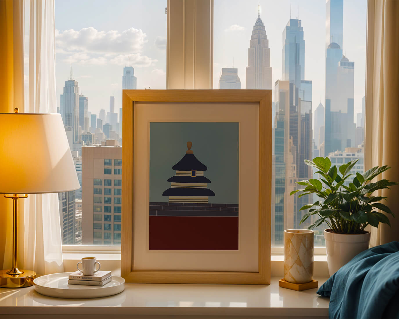 Ilustración abstracta del Templo del Cielo con detalles azules y dorados