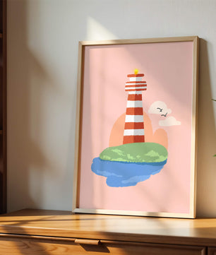 Ilustración encantadora de un faro con un entorno costero tranquilo