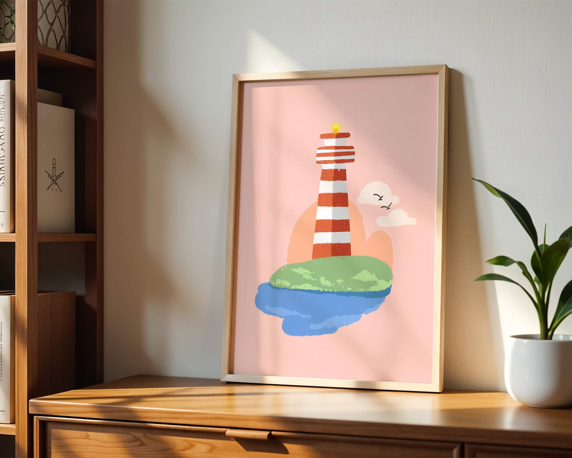 Ilustración encantadora de un faro con un entorno costero tranquilo