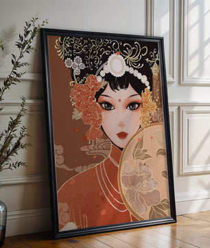Elegante retrato de una mujer asiática con atuendo tradicional y elementos florales