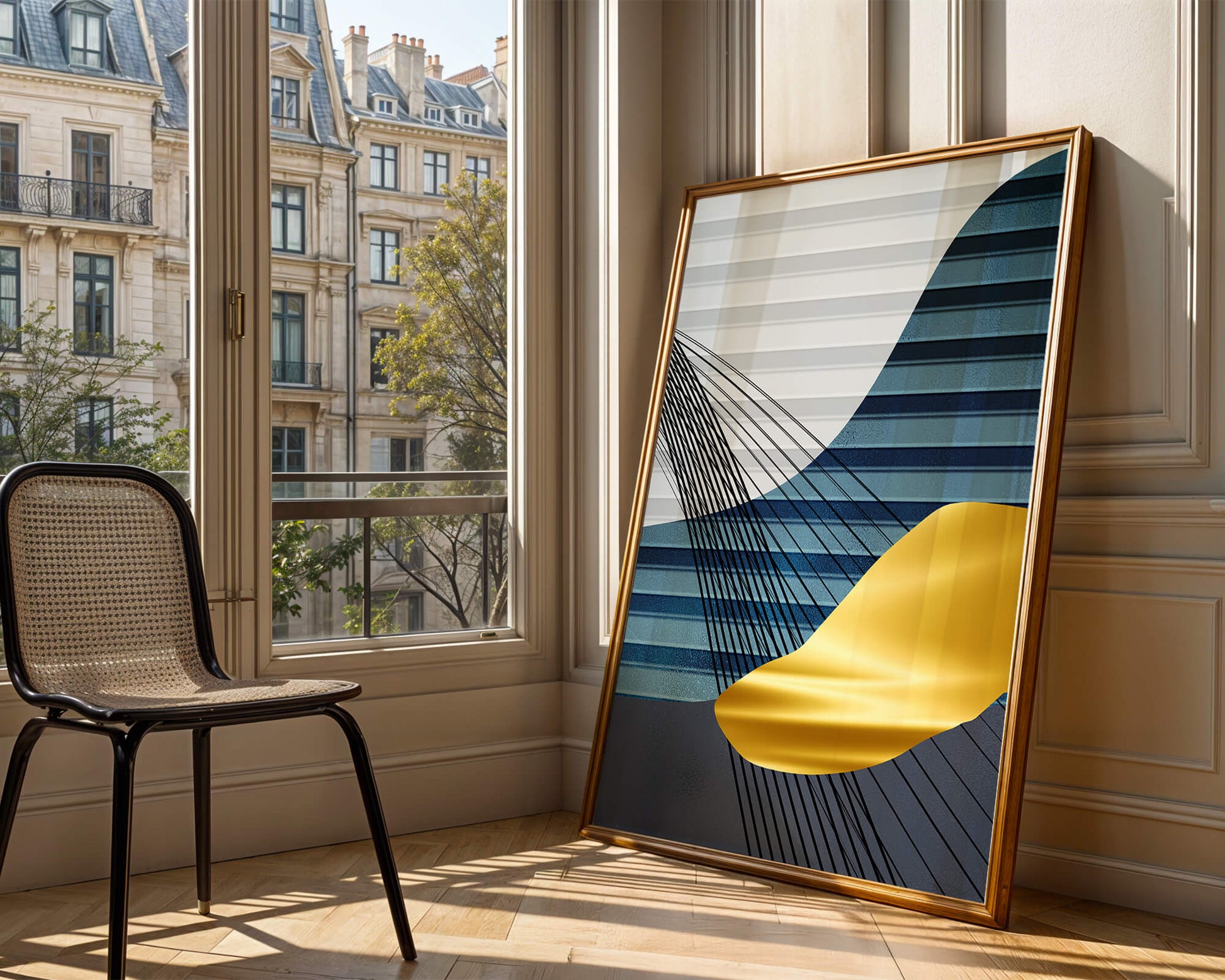Abstract Composition with Blue and Gold Elements