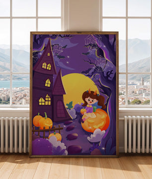 Charming Halloween scene with a girl on a pumpkin near a haunted house