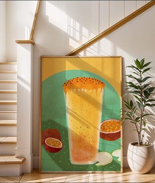 Illustrated tropical passion fruit drink with fresh slices