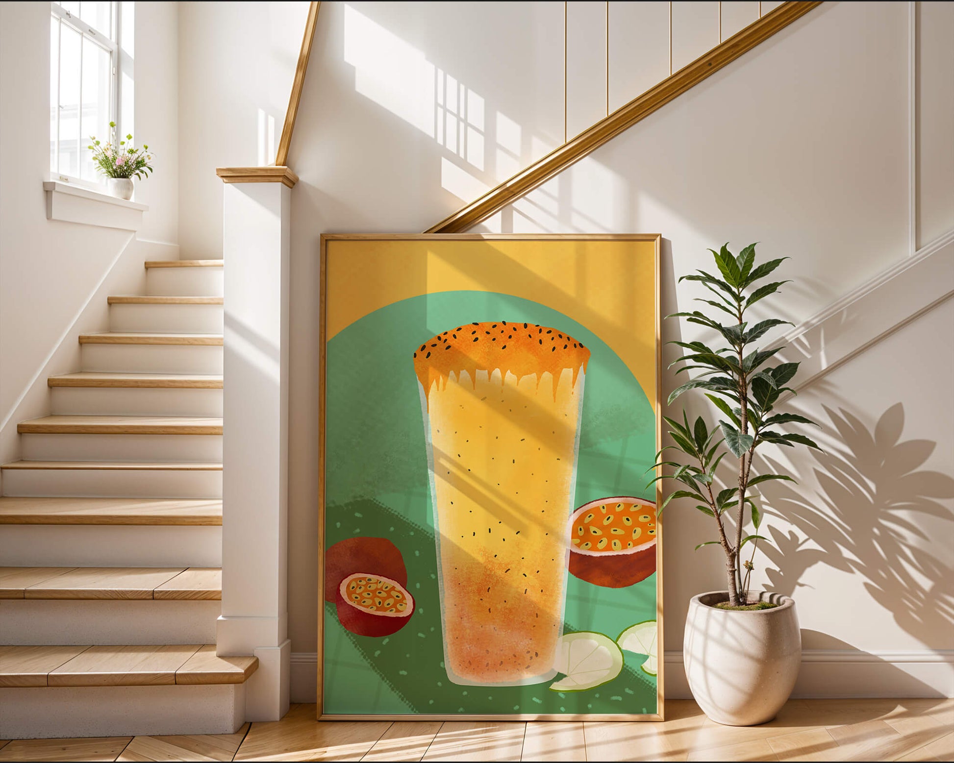 Illustrated tropical passion fruit drink with fresh slices