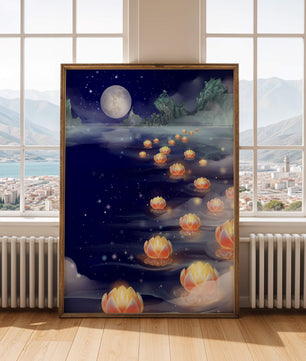 Río iluminado por la luna con linternas flotantes y montañas bajo una noche estrellada