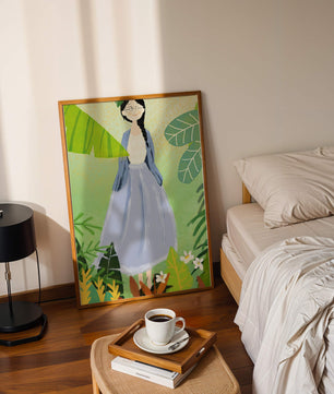 Serene illustration of a woman in nature with tropical leaves