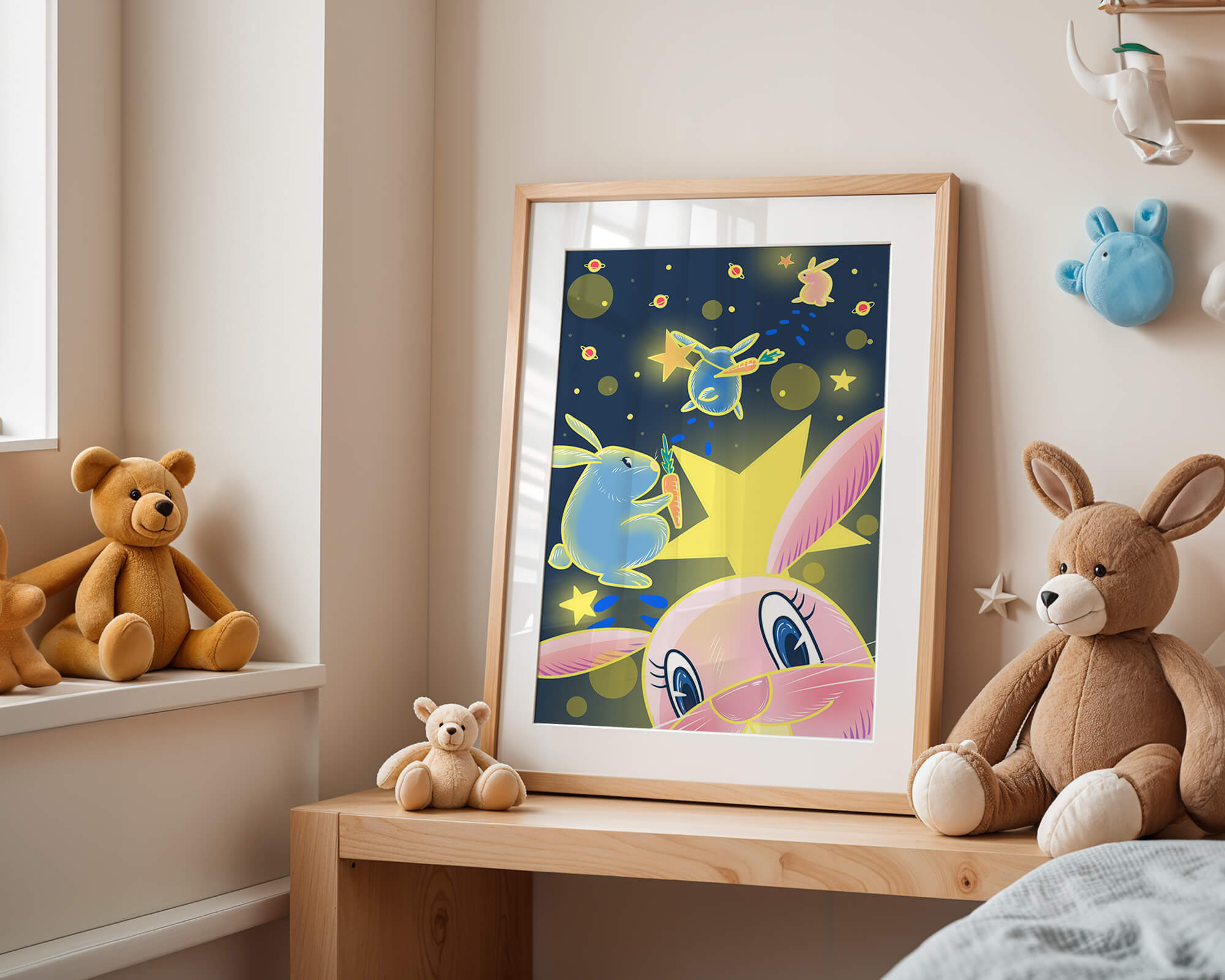 Playful bunnies with carrots and stars in a whimsical space scene