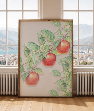 Ilustración de manzanas en la rama de un árbol con hojas verdes