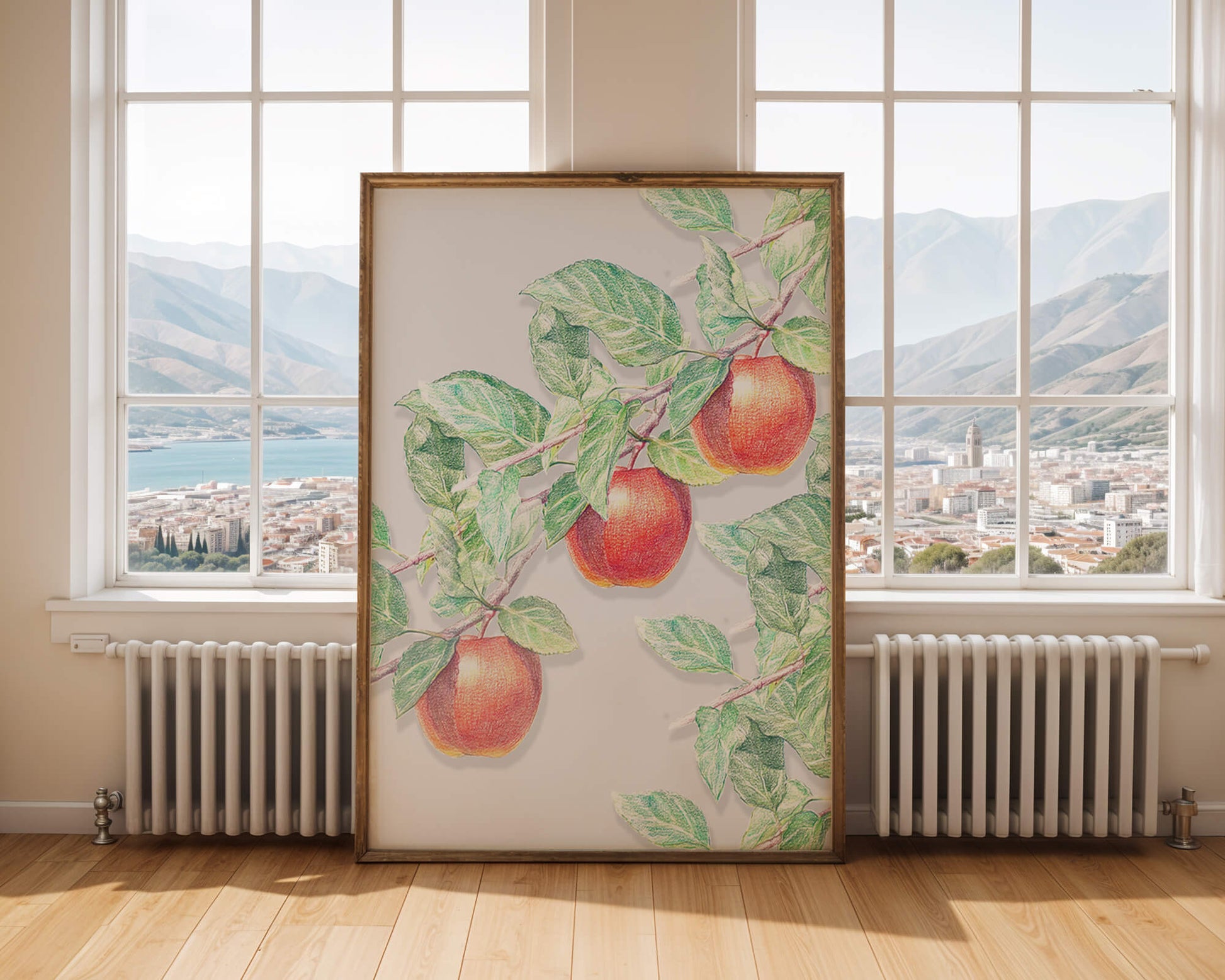 Illustration of Apples on a Tree Branch with Green Leaves