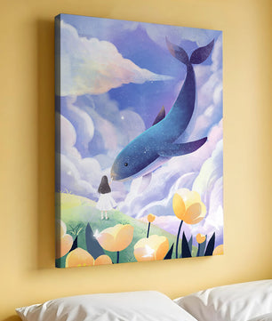 Paisaje surrealista con una ballena gigante y elementos caprichosos