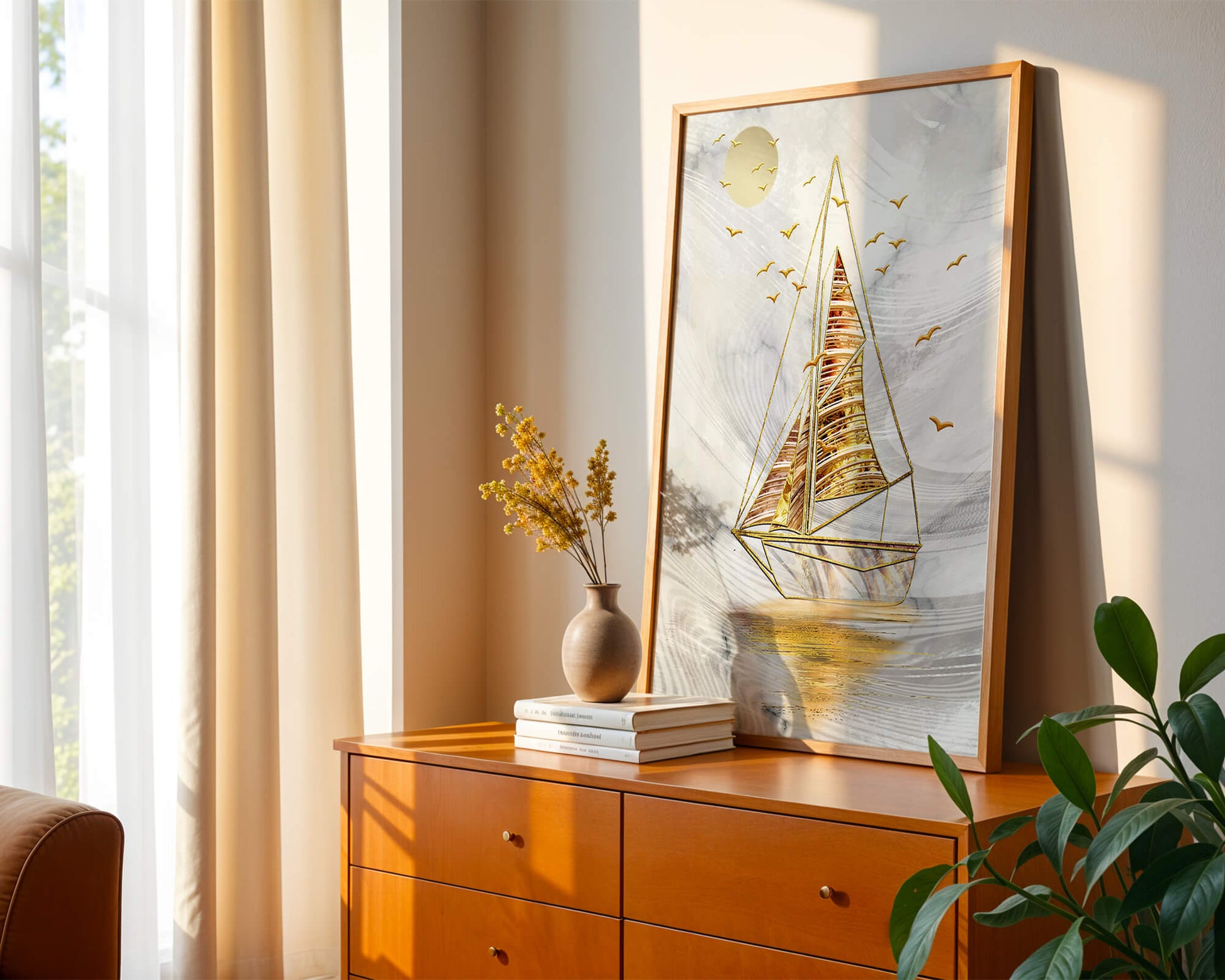 Elegant sailboat with gold elements against a textured sky
