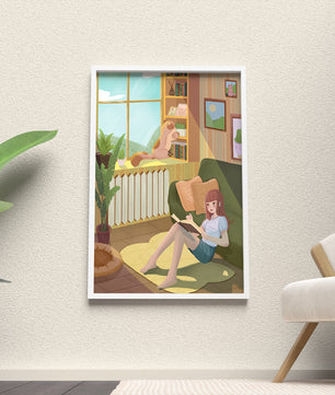 Cozy Living Room with a Reading Girl and Cat by the Window