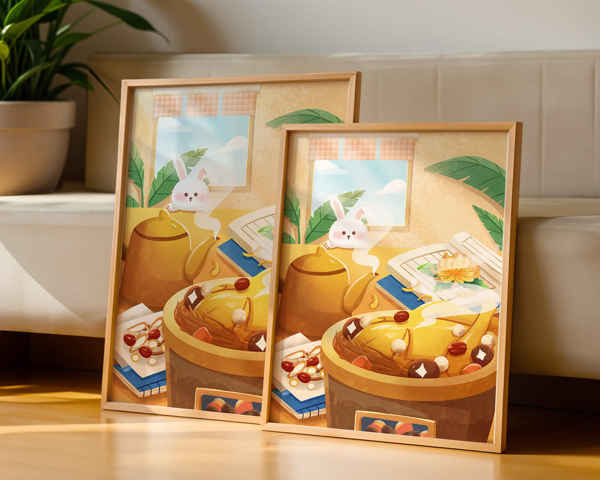 Cozy kitchen scene with cute bunny, teapot, and golden dessert