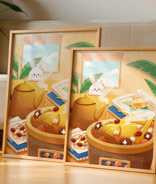 Cozy kitchen scene with cute bunny, teapot, and golden dessert