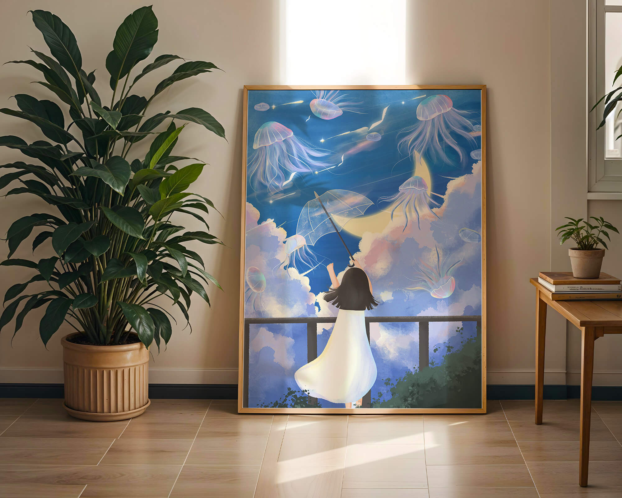 Young girl with umbrella watching surreal jellyfish sky