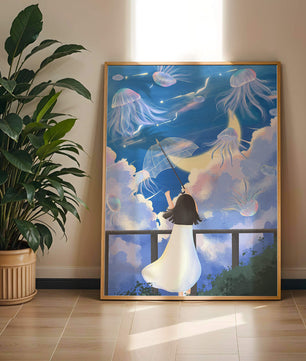 Young girl with umbrella watching surreal jellyfish sky