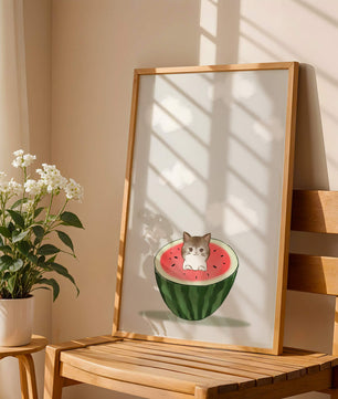 Whimsical art of a kitten in watermelon with clouds