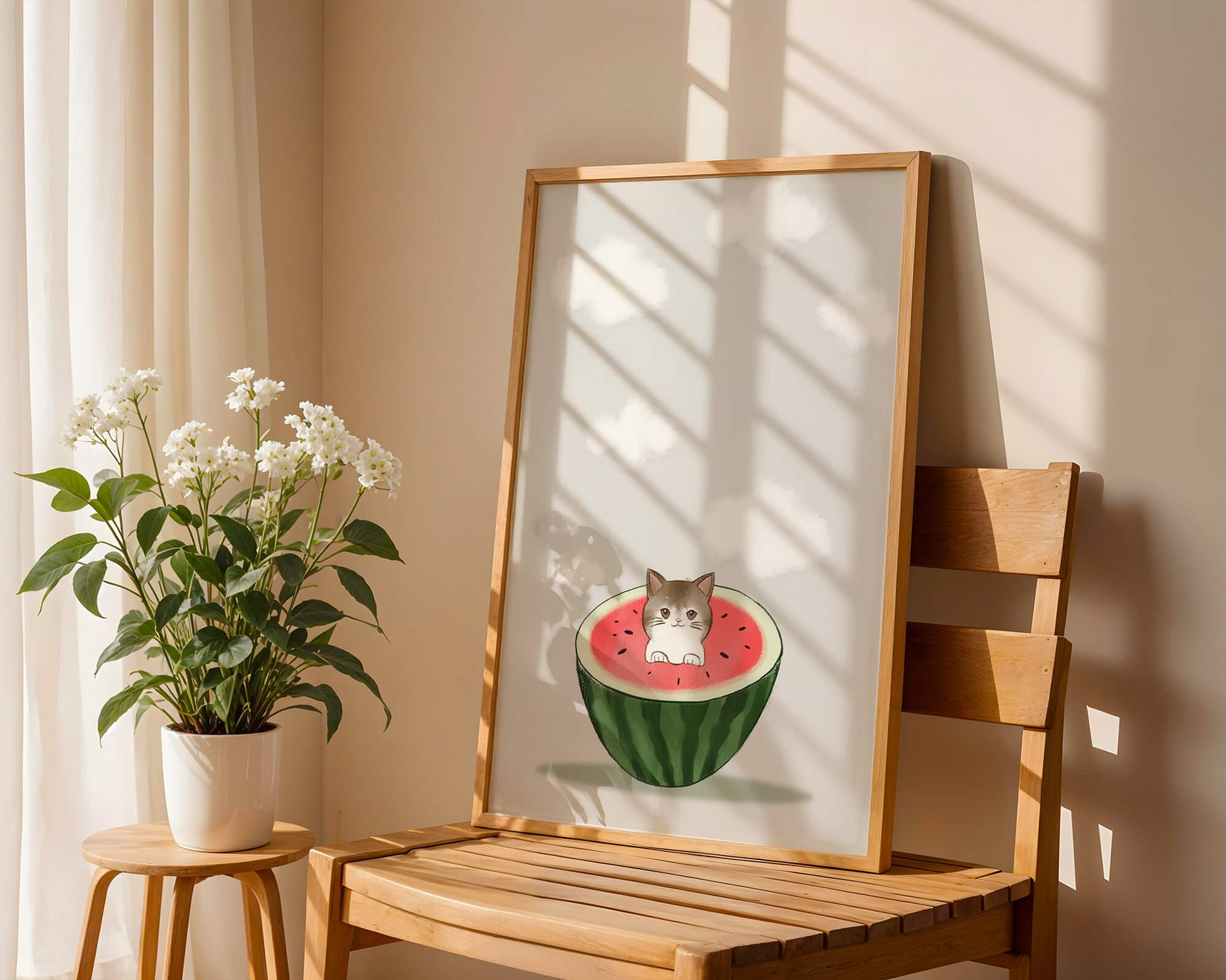 Whimsical art of a kitten in watermelon with clouds