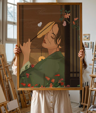 Serene woman with fan surrounded by flowers