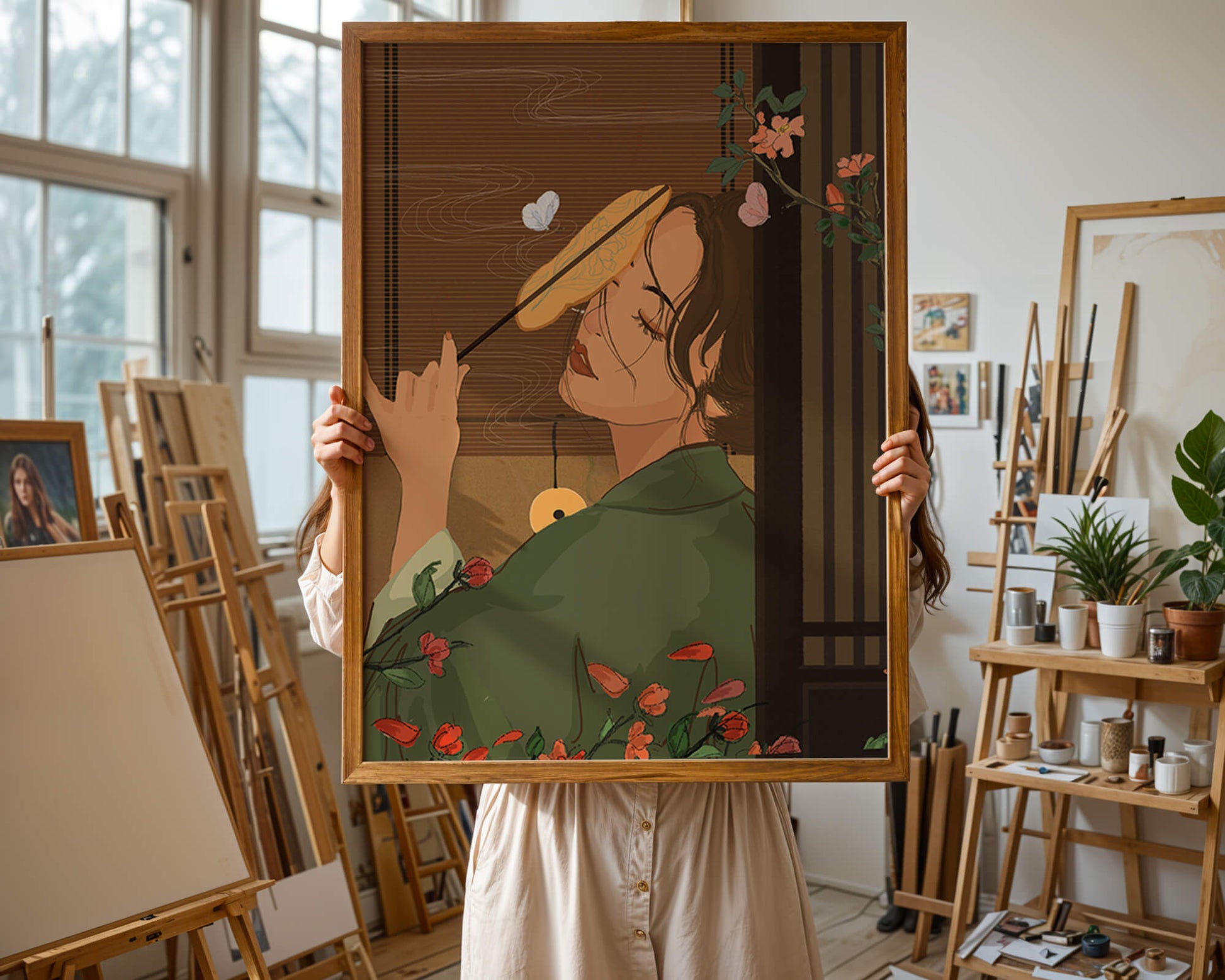 Serene woman with fan surrounded by flowers