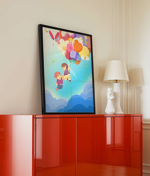 Ilustración caprichosa de niños en el cielo con globos de colores