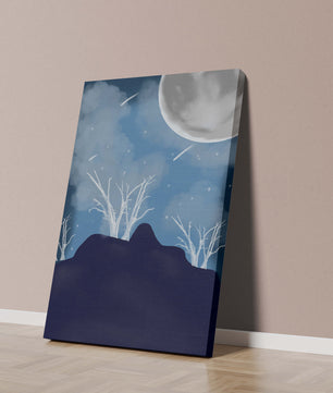Paysage nocturne d'hiver avec arbres nus et pleine lune