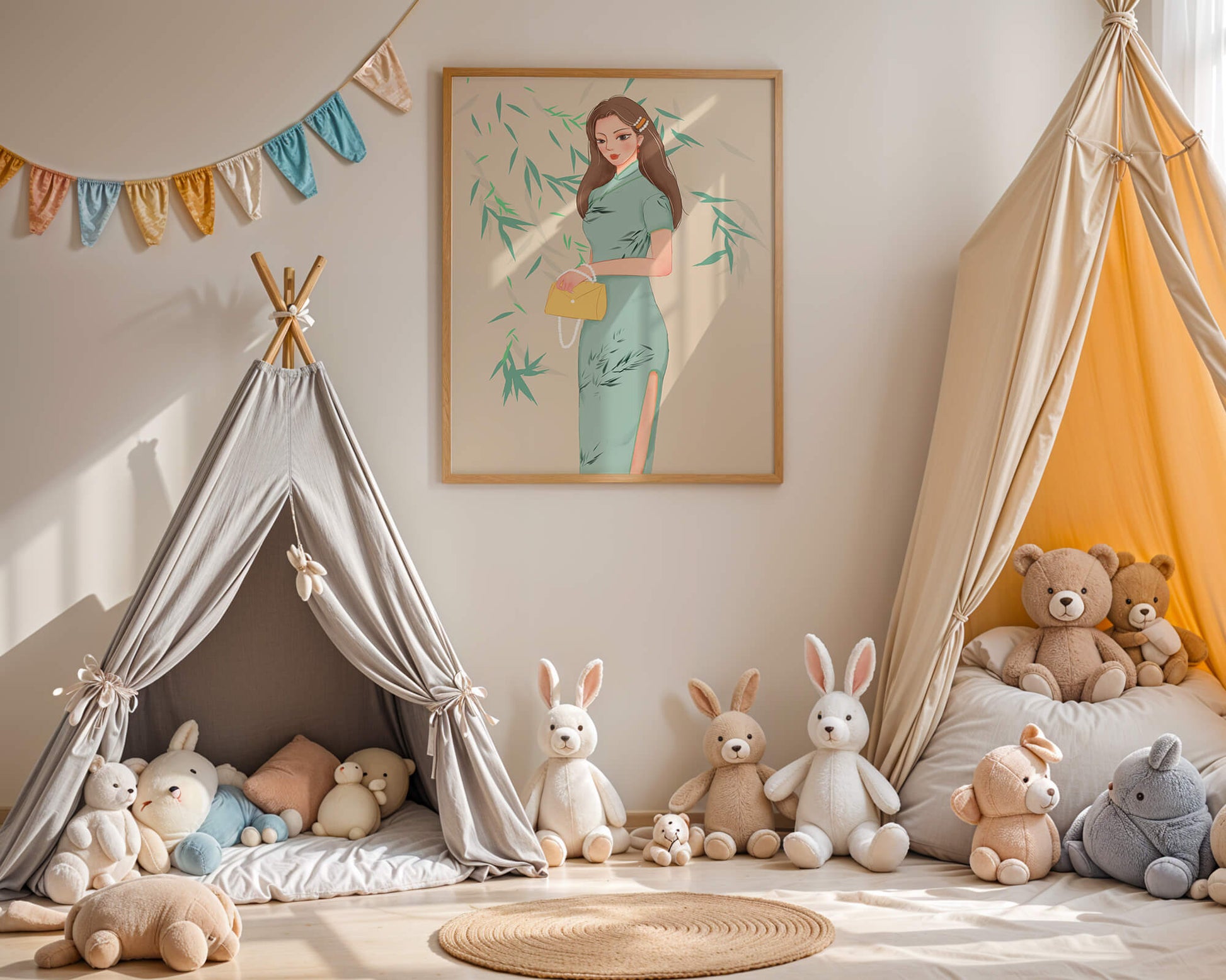 Mujer elegante con vestimenta tradicional sosteniendo un bolso amarillo con fondo de bambú