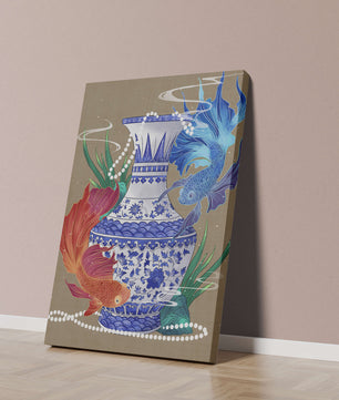 Jarrón de cerámica elegante con diseño de peces vibrantes y flores