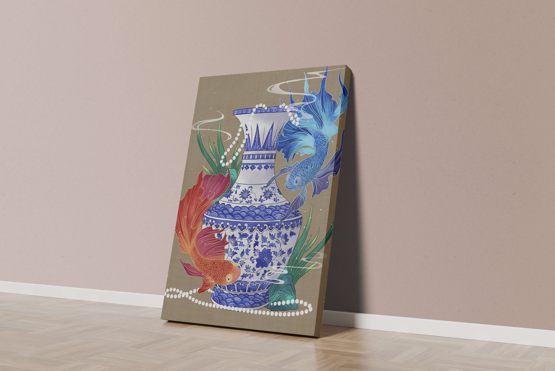 Elegant ceramic vase with vibrant fish and floral design