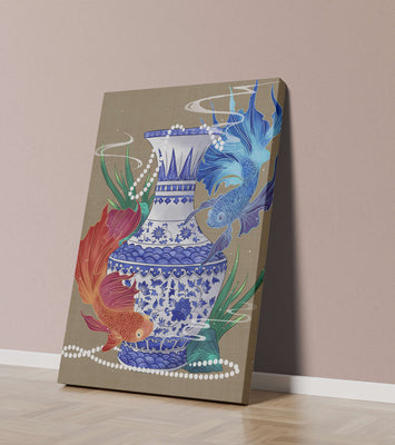 Elegant ceramic vase with vibrant fish and floral design
