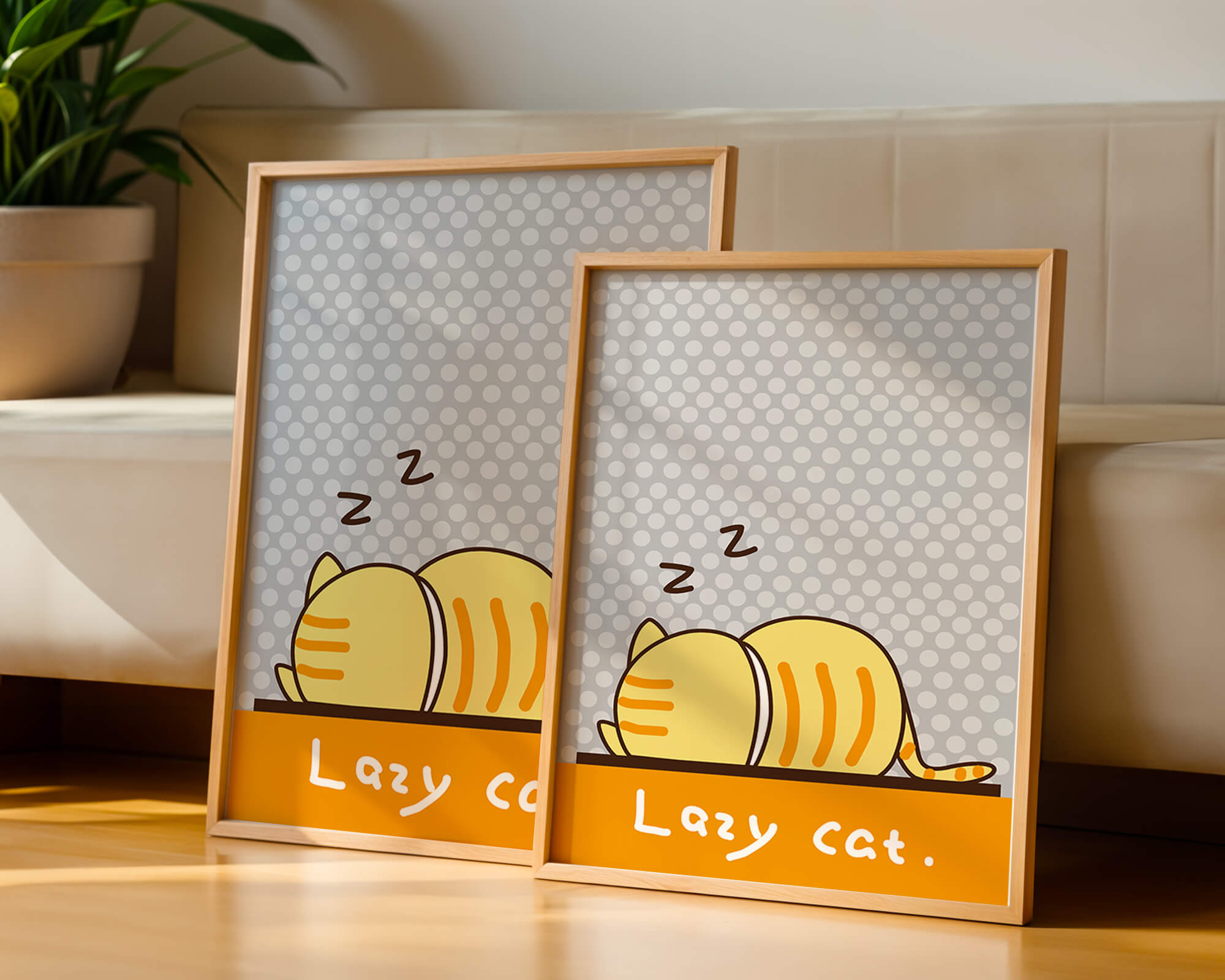 Sleeping cartoon cat with polka dot background