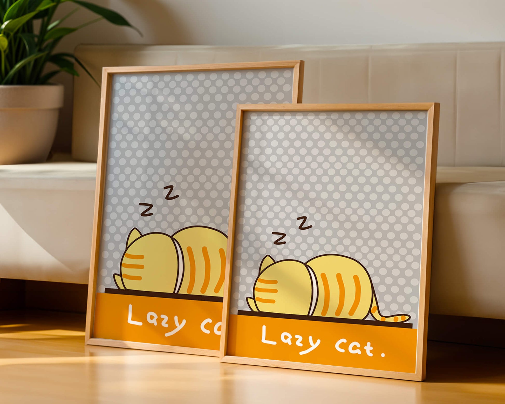 Sleeping cartoon cat with polka dot background