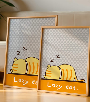 Sleeping cartoon cat with polka dot background