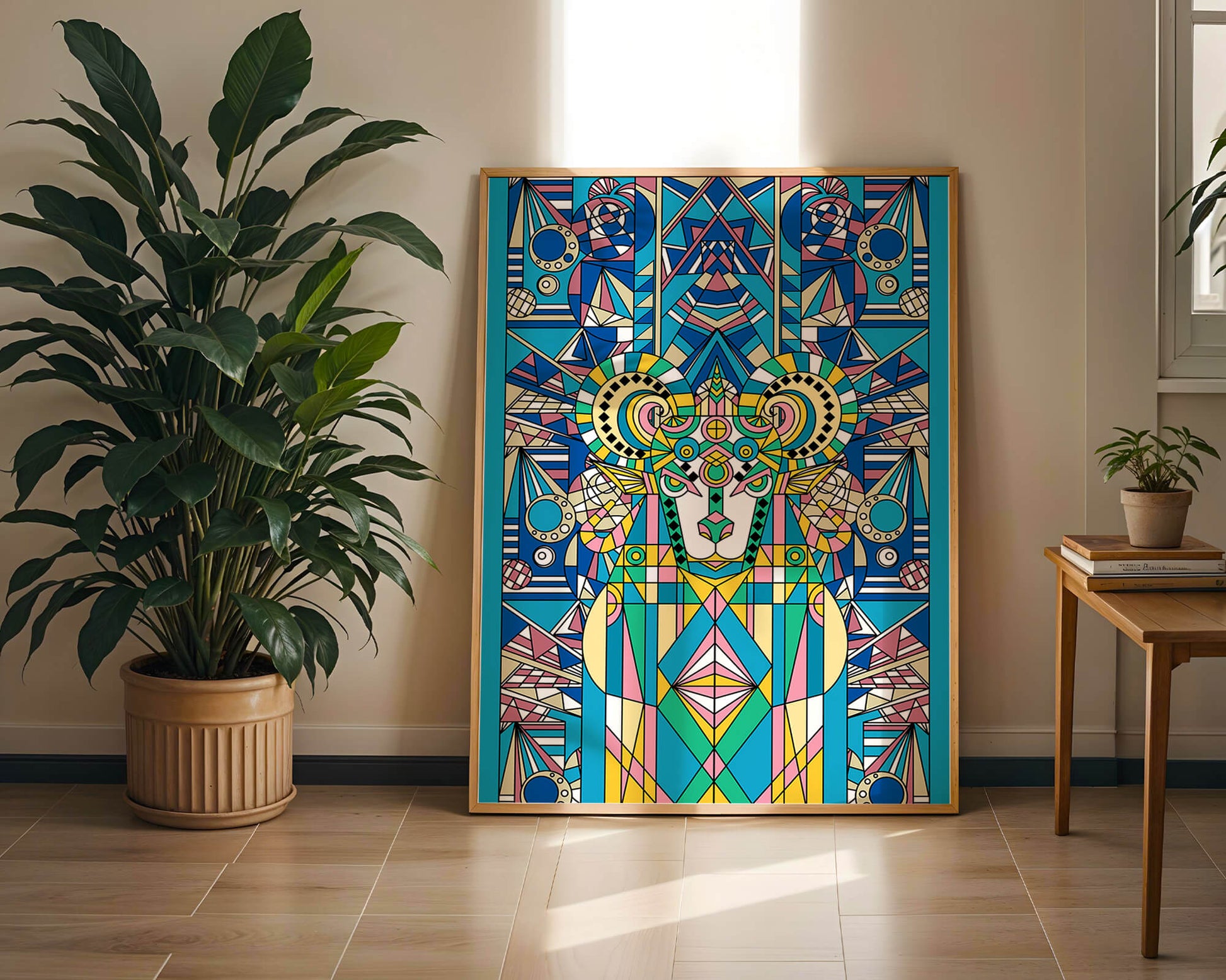 Diseño geométrico colorido de carnero con patrones simétricos