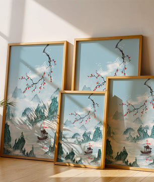 Chinese Landscape with Cherry Blossoms and Boat in Misty Mountains - Mi tienda