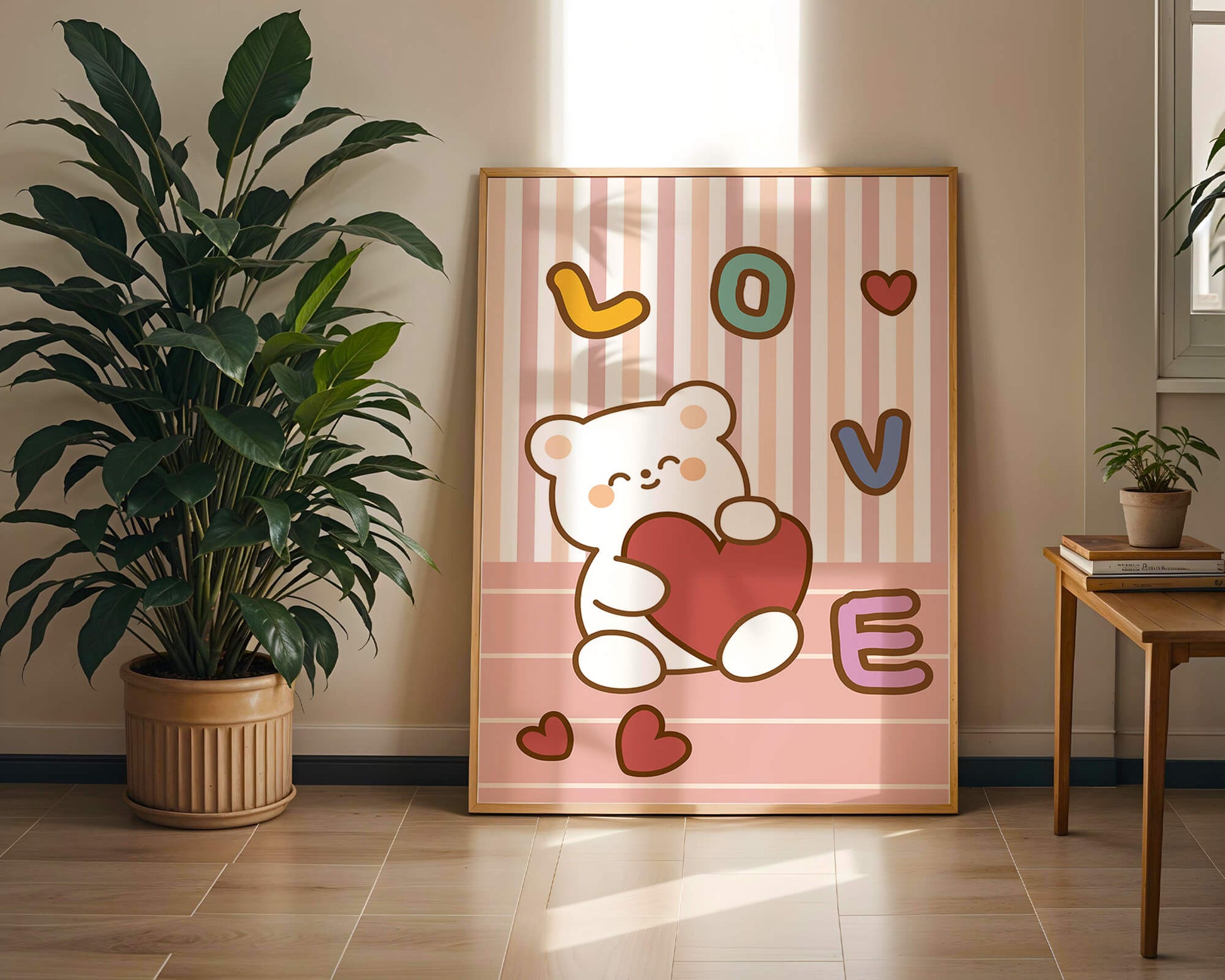 Adorable bear holding a heart in a playful love-themed illustration