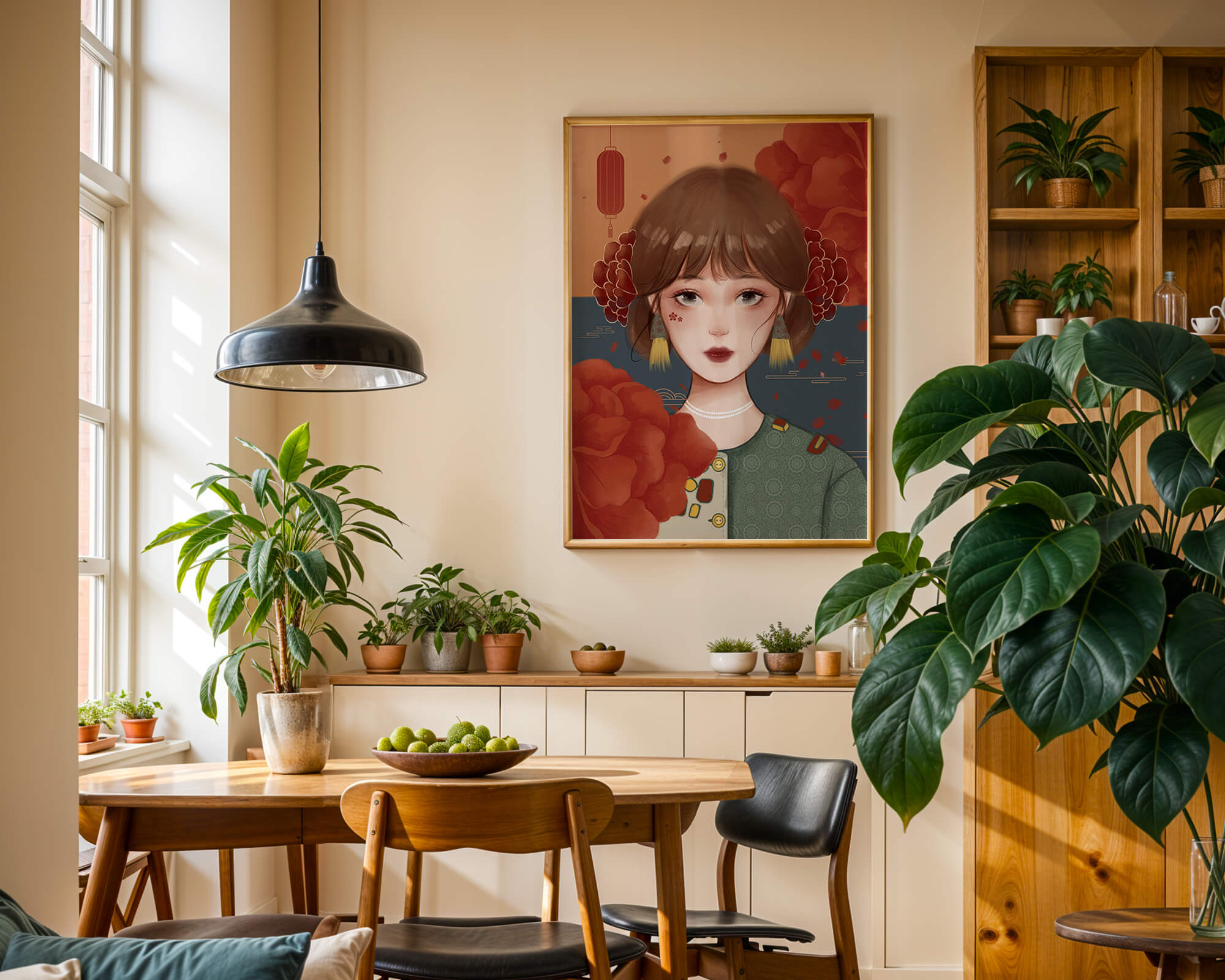 Illustration of a woman adorned with floral elements and traditional accessories