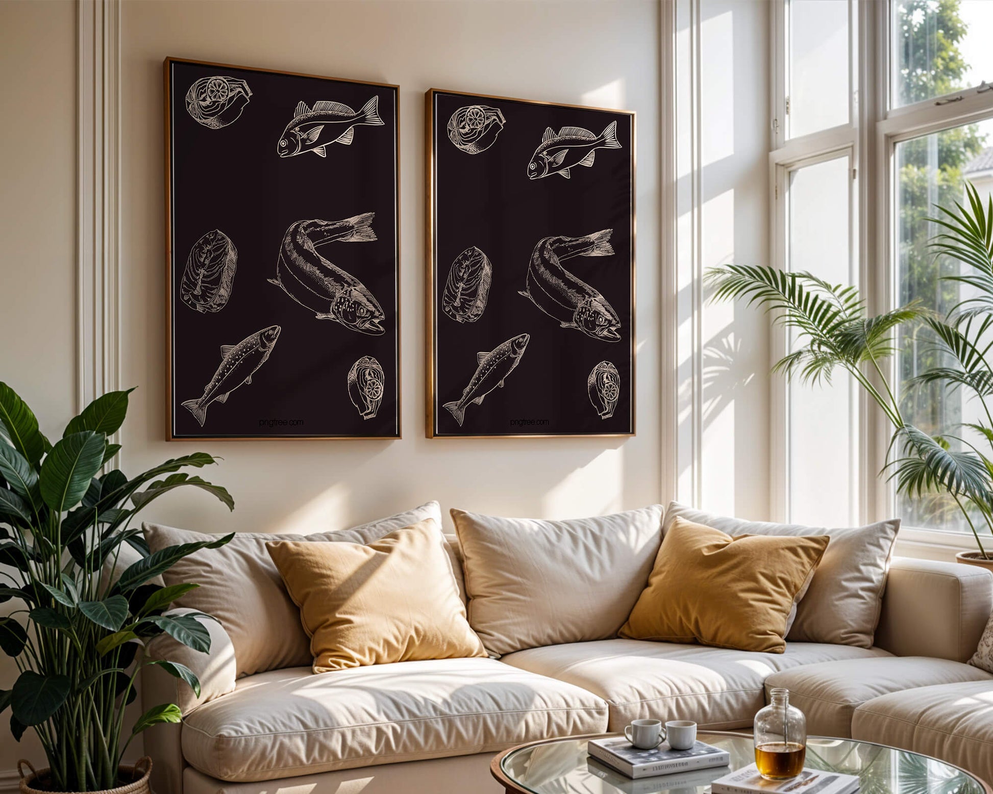 Detailed illustration of fish and seafood elements on dark background